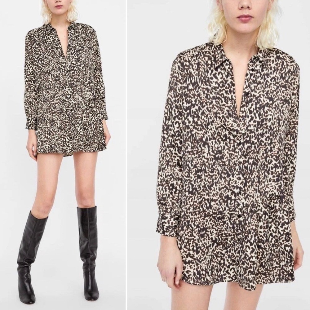 Zara Woman Leopard Animal Print Button Down Shirt Dress Tunic XL Peplum Hem